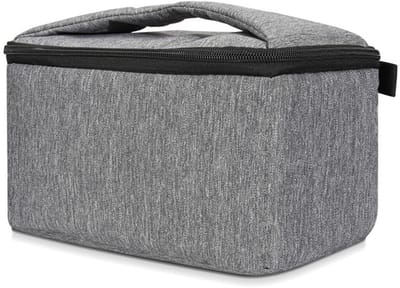 Compacte grijze projector opbergtas afmetingen 26x16x15 cm, gewatteerd linnentextiel met geïntegreerde handgreep en stevige ritssluiting voor mini draagbare projectoren en accessoires