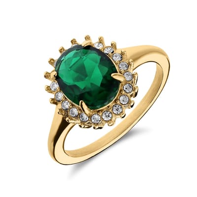 Lucardi Dames Stalen goldplated vintage ring met groen zirkonia - Ring - Staal - Goudkleurig - 15 / 47 mm