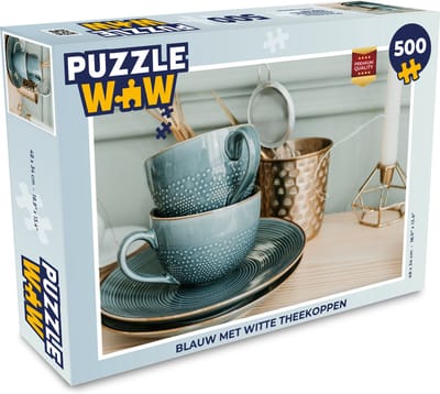 Puzzel Blauw met witte theekoppen - Legpuzzel - Puzzel 500 stukjes