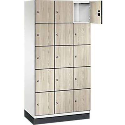 C+P Cambio lockerkast, 3 vakken, 15 vakken, met plint, B 900 x D 525 x H 1980 mm, verkeerswit / essenhout decor