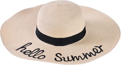 Decopatent - Zonnehoed Dames - Hello Summer - Zomerhoed - Strohoed UV - Strandhoed Hoofddeksel met Brede rand - Hoed voor Volwassenen - Kleur: Naturel