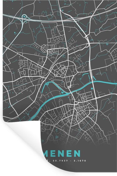 Muurstickers - Sticker Folie - België – Menen – Stadskaart – Kaart – Blauw – Plattegrond - 20x30 cm - Plakfolie - Muurstickers Kinderkamer - Zelfklevend Behang - Zelfklevend behangpapier - Stickerfolie