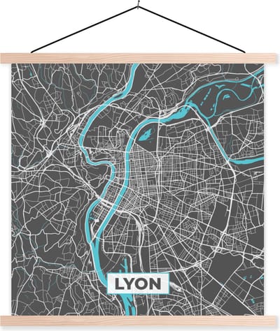 Posterhanger incl. Poster 40x40 cm - Schoolplaat - Lyon - Kaart - Stadskaart - Plattegrond - Frankrijk - Textielposter - Blanke latten - Stadskaart