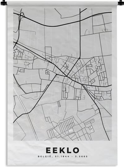 Wandkleed - Wanddoek - Kaart – Plattegrond – Stadskaart – Eeklo – België – Zwart Wit - 120x180 cm - Wandtapijt