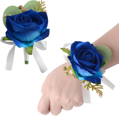 Set van 2 Kunstmatige Corsage en Boutonnière Blauwe Roos met Wit Lint - Bruiloft Accessoires