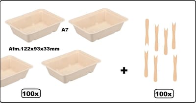 100x Frietbakje A7  suikerrietpulp 122x93x33mm + 100x Houten snackvork - Friet patat frites saus friet bakje snack next generation carnaval festival thema feest