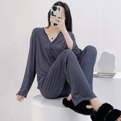 Ensemble de Pyjama Modal à Manches Longues Cardigan Décontracté Ample Vêtements d'Intérieur Solide Printemps Fin Vêtements de Nuit Vêtements d'Intérieur Lingerie Intime Vêtements de Nuit XL gris