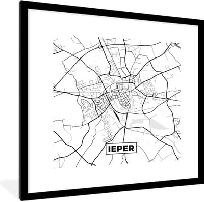 Fotolijst incl. Poster Zwart Wit- België – Ieper – Stadskaart – Kaart – Zwart Wit – Plattegrond - 40x40 cm - Posterlijst