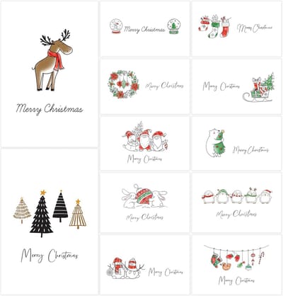 24 Kerst Wenskaarten Set met Enveloppen - 12 Unieke Ontwerpen