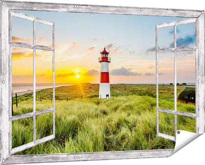 Gards Tuinposter Doorkijk Vuurtoren met Zonsopgang op een Eiland - 150x100 cm - Tuindoek - Tuindecoratie - Wanddecoratie buiten - Tuinschilderij
