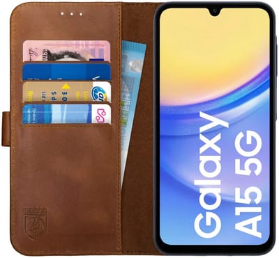 Rosso Deluxe Echt Leer Book Case Hoesje Geschikt voor Samsung Galaxy A15 | Ruimte voor drie pasjes | Portemonnee Book Case | Met Pasjeshouder | Bruin