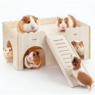 longziming -Houten schuilplaats voor cavia's – Houten huis - Met glijbaan – Schuilplaats voor kleine dieren – Constructie van natuurlijk hout – Onbehandeld hout – Veilig voor 2–4 cavia's of andere kleine knaagdieren – 1 stuk