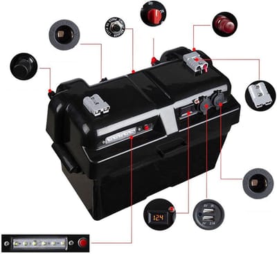 Accubak Opbergbox - Batterijhouder Opslag - Accu Beschermen - Met Voltmeter USB - 44x24.5x27 cm - Zwart