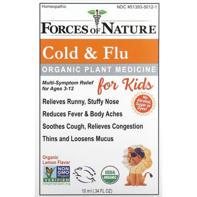 Forces de la nature, médecine botanique biologique, rhume et grippe, pour les enfants de 3 à 12 ans, citron, 0,34 fl oz (10 ml)