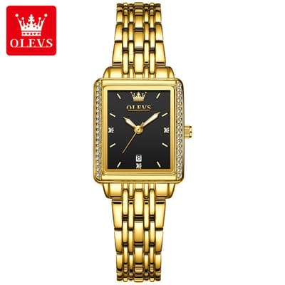 HO-9995.zw : OLEVS Dames retro goudkleurig edelstalen quartz horloge, zwarte wijzerplaat, kalenderdag