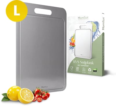 Homilux RVS Snijplank- Met Sapgeul - 39x28 cm -Extra stevig (2mm dikte) - Antibacteriëel - PFAS vrij - Snijplanken