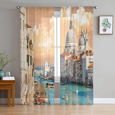 Venetië Gebouw Water Boot Modern Bedrukt Tule Gordijnen voor Slaapkamer Balkon Raam Decor Creatieve Mode Huis Transparant Gordijn 135W x 114H(cm) beige