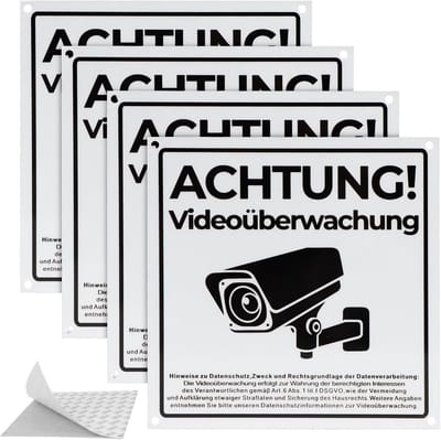 4x Videobewaking Bord Aluminium 15x15 cm | Camerabewaking Melding met AVG/DSGVO Info