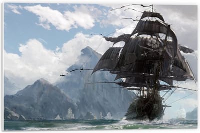Forex - Geschilderd Schip met Bergen - 60x40cm Foto op Forex