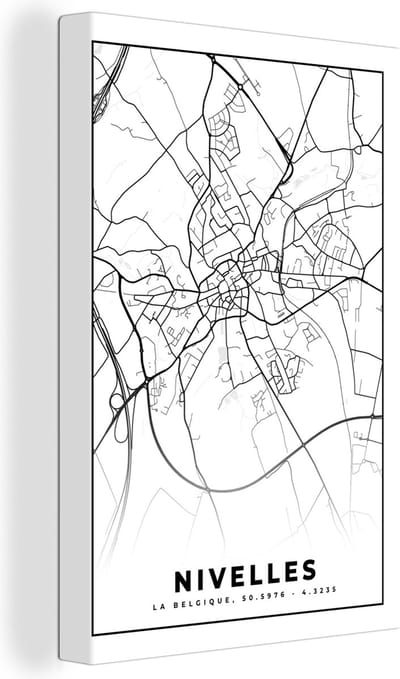 Canvas Schilderij België – Nivelles – Stadskaart – Kaart – Zwart Wit – Plattegrond - 20x30 cm - Wanddecoratie