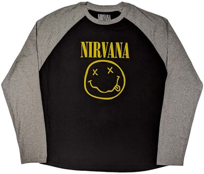 Nirvana - Yellow Happy Face Raglan T-shirt - S - Zwart/Grijs