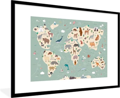 Poster in fotolijst kind - Kinder decoratie - Aarde - Wereldkaart kinderen - Dieren - Jongens - Meiden - Blauw - Schilderij voor kinderen - 90x60 cm - Kinderkamer decoratie