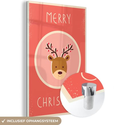 MuchoWow® Glasschilderij 40x60 cm - Schilderij acrylglas - Rendier - Quotes - Kerst - Merry christmas - Rood - Vintage - Foto op glas - Schilderijen