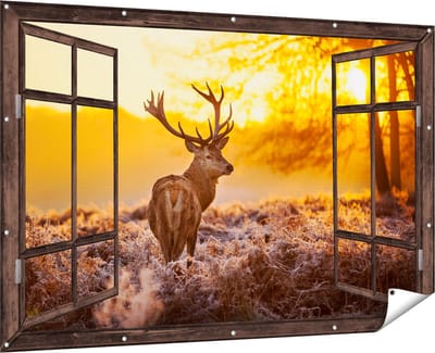 Gards Tuinposter Doorkijk Hert in Bos tijdens de Zonsopkomst - 180x120 cm - Tuindoek - Tuindecoratie - Wanddecoratie buiten - Tuinschilderij