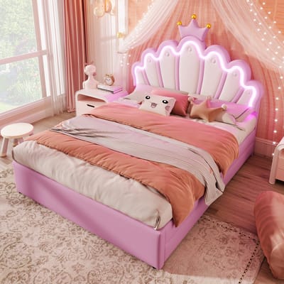Sweiko Tweepersoonsbed - 140 x 200 cm - Crown Princess bed - LED-verlichting - 2 laden - zonder matras - Roze
