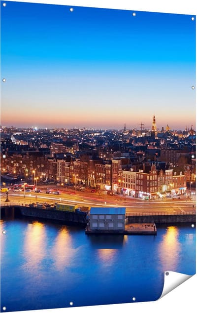 Gards Tuinposter Amsterdam Centrum in de Nacht - 120x160 cm - Tuindoek - Tuindecoratie - Wanddecoratie buiten - Tuinschilderij