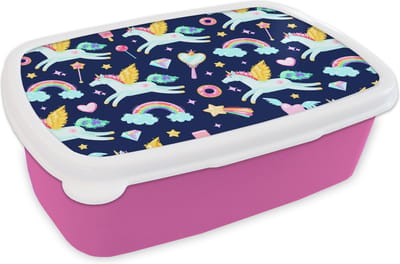 Broodtrommel Roze - Lunchbox - Brooddoos - Eenhoorn - Regenboog - Diamant - Patronen - 18x12x6 cm - Kinderen - Meisje