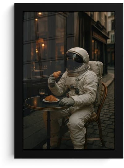 Poster in lijst - Fotolijst 20x30 cm - Posters - Café - Croissant - Koffie - Astronaut - Posterlijst zwart - Decoratie - Wanddecoratie woonkamer - Muurdecoratie slaapkamer