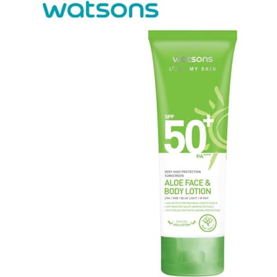 Watsons Love My Skin Zeer hoge bescherming zonnebrandcrème Aloe Face & Body Lotion SPF50+ PA++++, UVA/UVB/Blauwlicht/IR-straal, Reef Safe, 100 ml. 100 ml. green