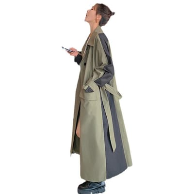 Nieuwe Retro Splicing Contrasterende Kleuren Lange Knie Trenchcoat Grote Maat Losse Jas XL gray
