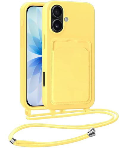 Hoesje Geschikt voor iPhone 17 Hoesje Met Telefoonkoord en Pasjeshouder Siliconen - Hoes Geschikt voor iPhone 17 Hoesje Met Kaarthouder Case - Geel