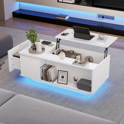 Salontafel - 100x50x40 cm - Verstelbare Koffietafel Met Verstopte Opbergruimte - LED Licht, Lade - MDF - Wit