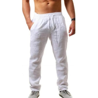 Nouveaux Pantalons de Sport Décontractés Amples en Coton et Lin Respirant Stretch pour Homme Été S-3XL S blanc