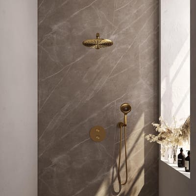 Brauer Gold Edition thermostatische inbouw regendouche 3-weg rond SET 80 met 30 cm douchekop en rechte muurarm en 3-standen handdouche en doucheslang en wandaansluitbocht goud geborsteld PVD