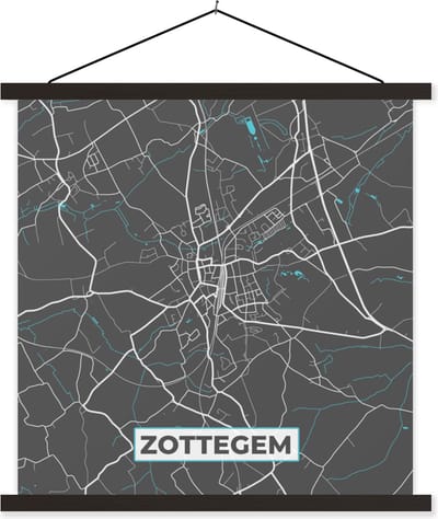 Posterhanger incl. Poster 60x60 cm - Schoolplaat - België – Zottegem – Stadskaart – Kaart – Blauw – Plattegrond - Textielposter - Zwarte latten - Stadskaart