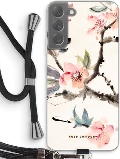 Case Company® - Hoesje met koord geschikt voor Samsung Galaxy S22 Plus hoesje met Koord - Japanse bloemen - Telefoonhoesje met Zwart Koord - Bescherming aan alle Kanten en Over de Schermrand