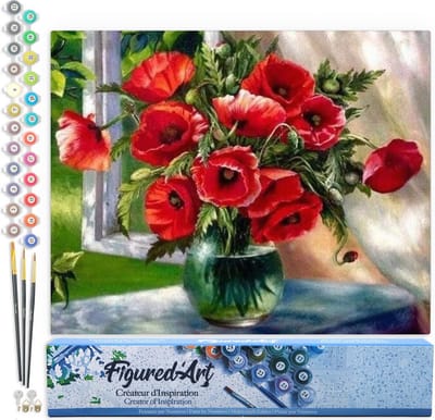 Figured'Art Schilderen op Nummer Volwassenen canvas Boeket rode bloemen - Handwerk acrylverf Kit DIY Compleet - 40x50cm zonder frame