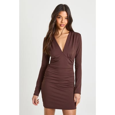 boohoo Dames Mini-jurk met lange mouwen, diepe V-hals en gesculpteerd ontwerp | Chocoladebruin | Maat: 36