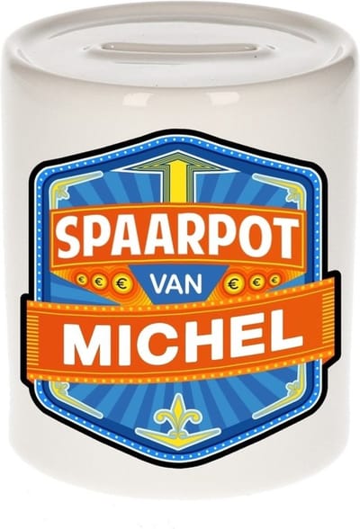 Bellatio Decorations Kinder spaarpot met naam - Michel - keramiek - met dop - wit - Sparen - Spaargeld van Michel