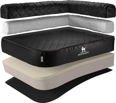 Knuffelwuff orthopedisch hoekhondenbed Winslow van laser-gewatteerd kunstleer XL 100 x 70cm leuning rechts zwart