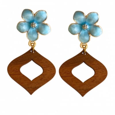 Clip oorbellen- Chimay -bloem -hout -blauw-geen gaatje- Charme Bijoux