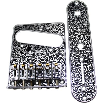 Pont de guitare Telecaster Alliage de zinc Plaque de contrôle gravée Ensemble avec œillets de cordes Conception à roulement à billes pour TL Électrique argenté