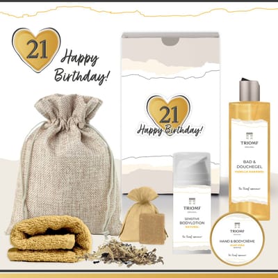 Geschenkset “21 Happy Birthday!” - 6 producten - 520 gram - Triomf Cosmetica | Cadeau voor haar Eenentwintig Cadeaupakket Feestje Wellness Luxe Giftset Douchegel Vanille Karamel Verjaardag Vrouw Gefeliciteerd Twenty one Party Gift Set Okergeel Goud