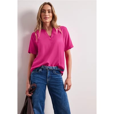 Blouse met korte mouwen en gespleten hals in effen kleur