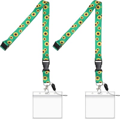 2 Groene Zonnebloem Lanyards - Zonnebloempatroon - Transparante Kaarthouder Afmetingen 9,5 × 8 cm - Lengte Zonnebloem Lanyard 52 cm - Geschikt voor school, bedrijfsevenementen, beurzen en medewerkerspassen