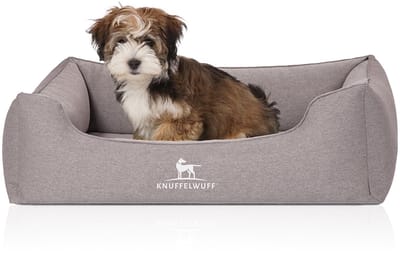 Knuffelwuff orthopedisch hondenbed Leano van velours met handgeweven karakter M-L 85 x 63cm grijs